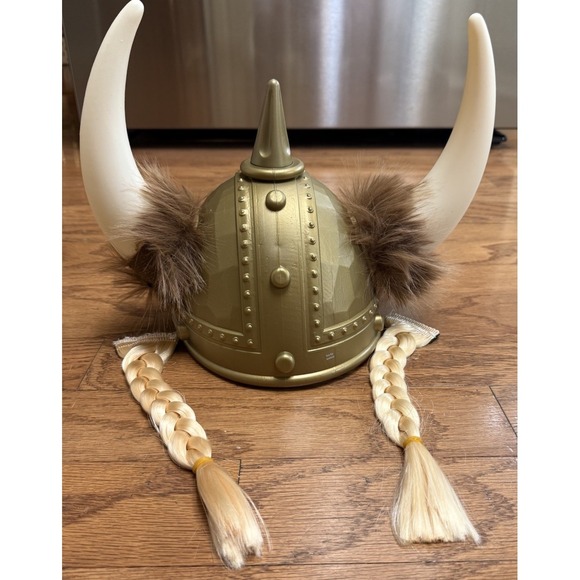Viking Helmet Adult Norwegian Medieval GOLD Costume Hat w/ Horns Fur Braids NEW! - Picture 2 of 4